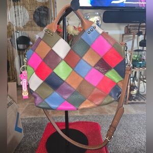 Kooba Vibrant Patchwork Leather Tote Shoulder Bag - Brown Handles